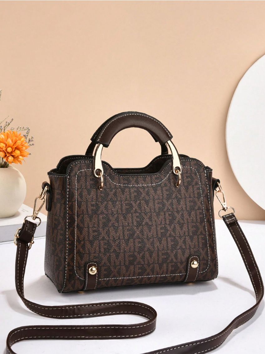 PU Square Bag Letter Graphic Studded Decor