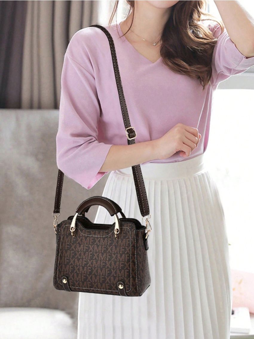 PU Square Bag Letter Graphic Studded Decor