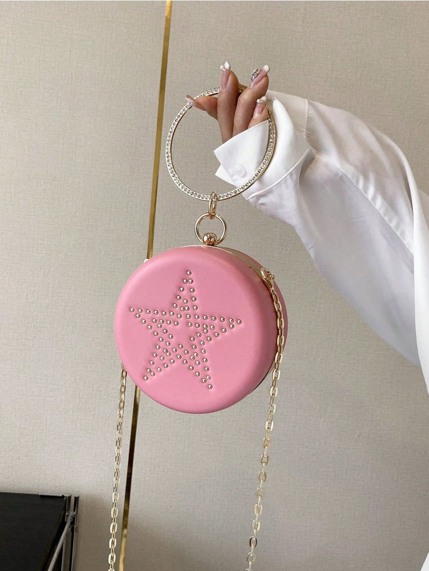 Mini PU Circle Bag Rhinestone & Star Studded Decor Chain