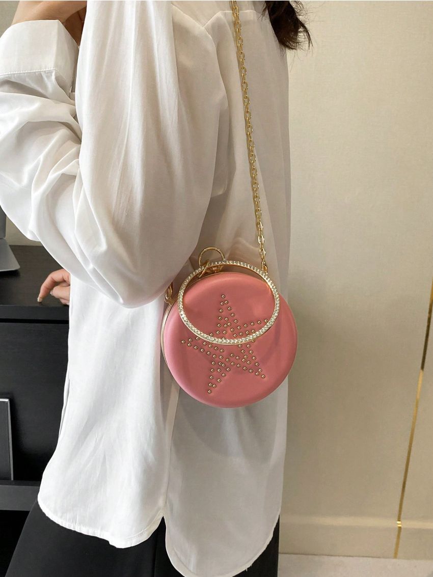 Mini PU Circle Bag Rhinestone & Star Studded Decor Chain