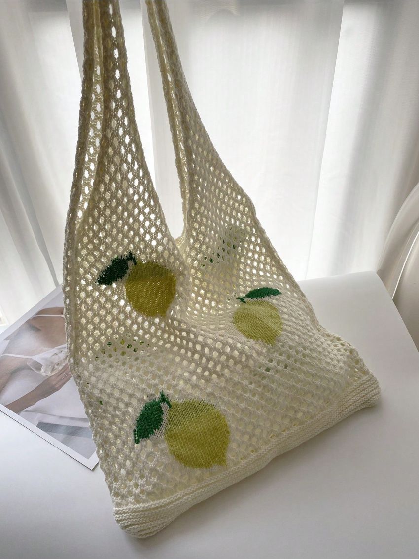 Cute Cartoon Strawberry Pattern Crochet Bag Hollow Out Detail Vacation Style