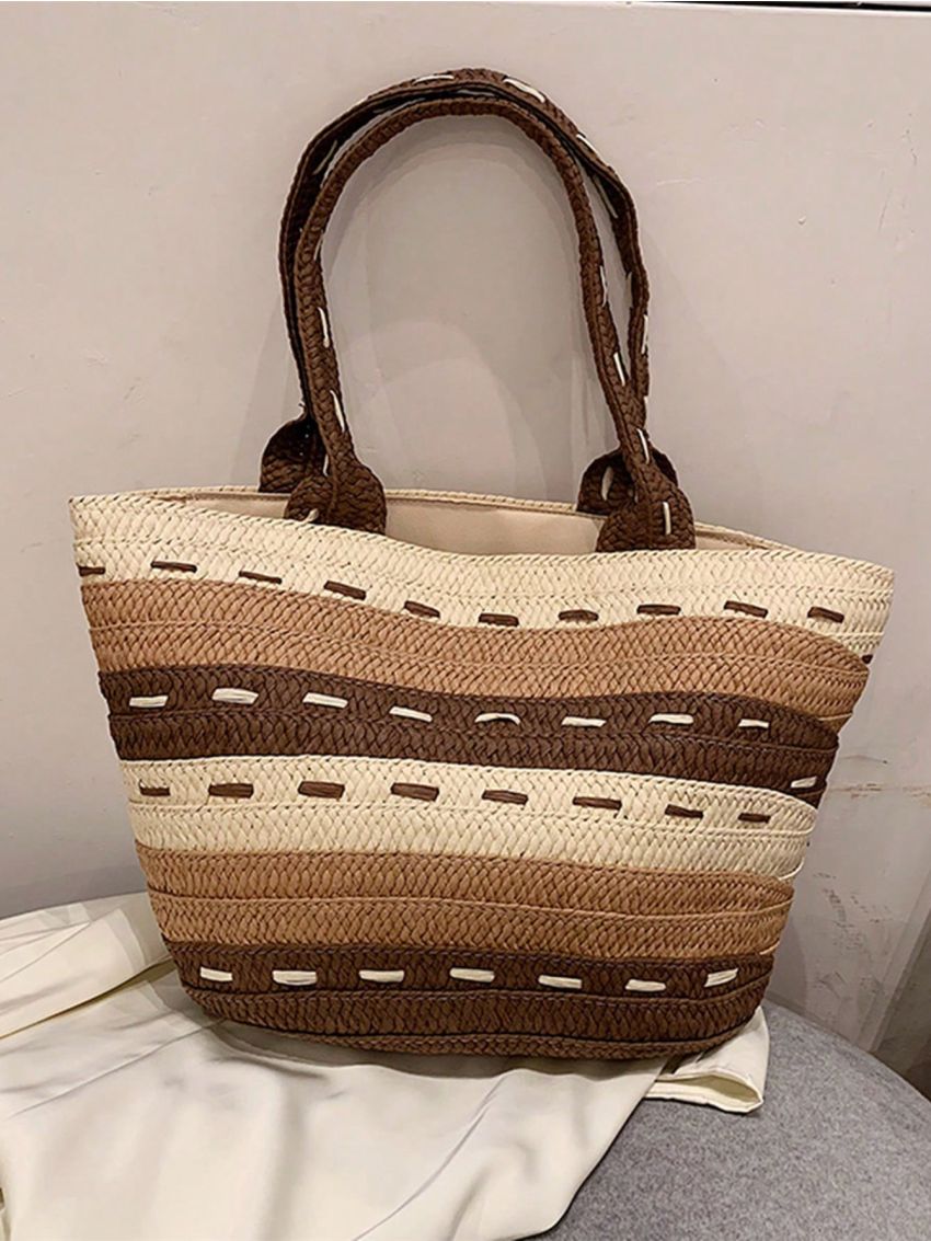 Oversized Straw Bag Vacation Color Block Zipper Paper