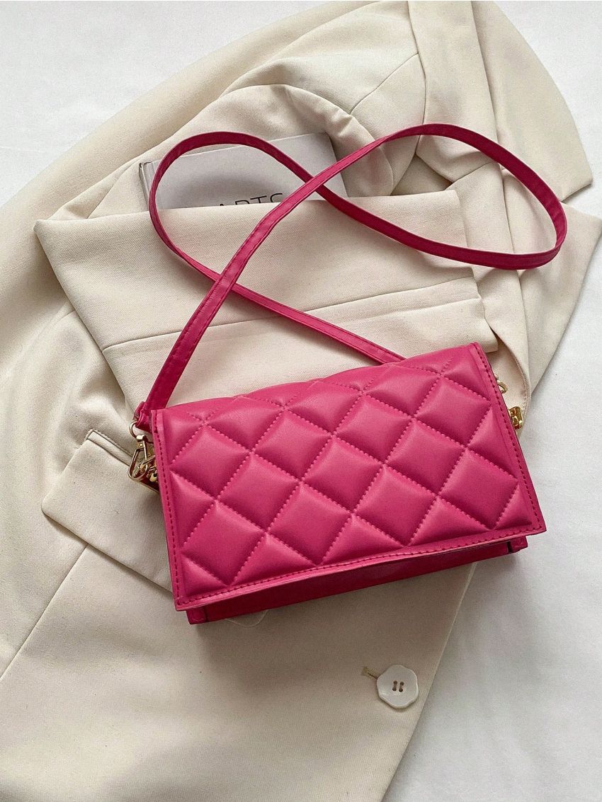 Green Flap Square Bag Fashionable Argyle Quilted Chain Decor PU