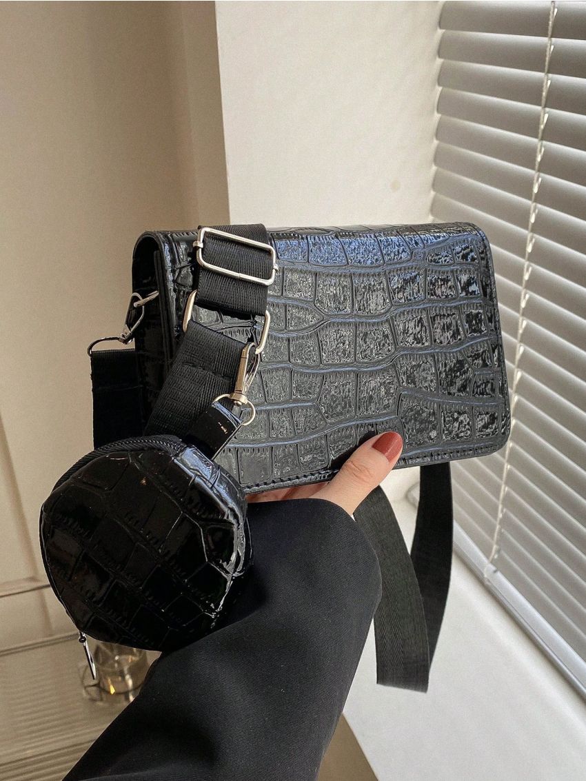 Mini Flap Square Bag With Coin Purse Crocodile Embossed Adjustable Strap PU