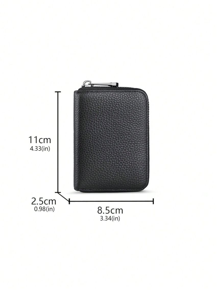 Litchi Embossed Classic Card Holder Fashionable Zipper Genuine Leather