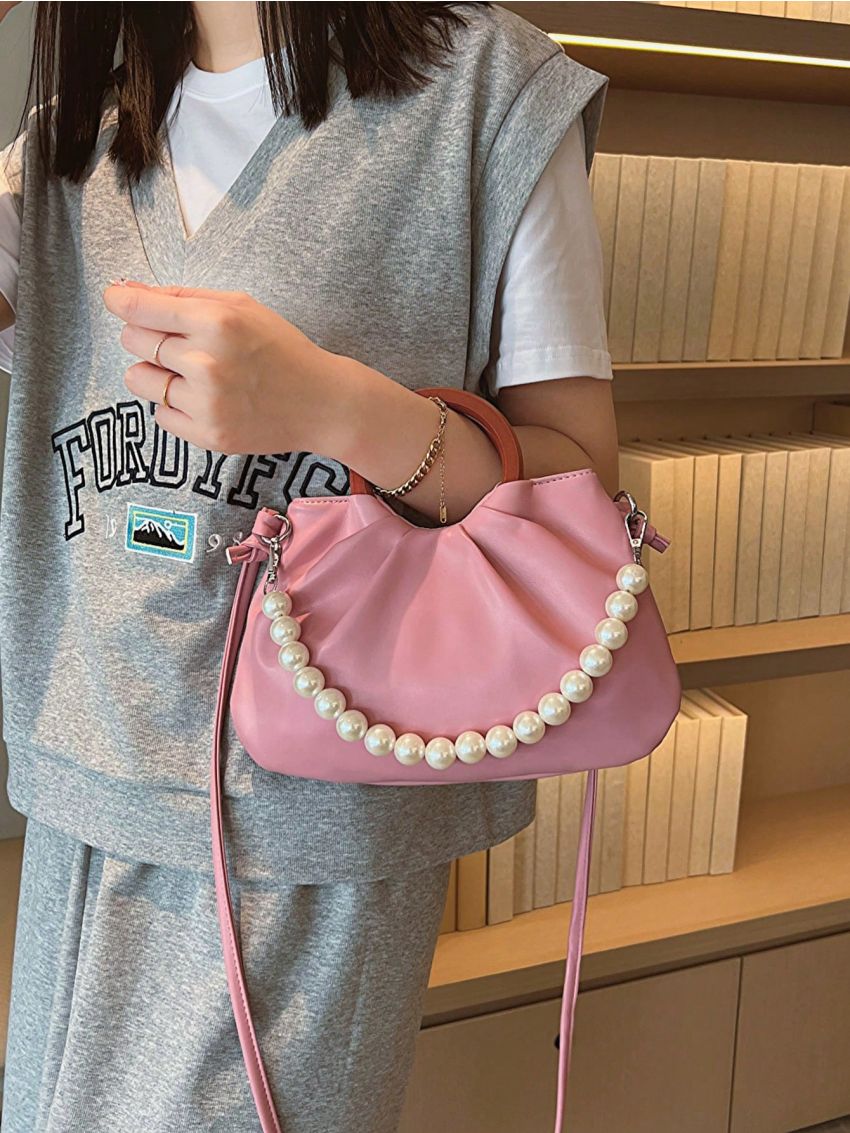 Pink Ruched Bag Fashionable Faux Pearl Decor Top Ring PU