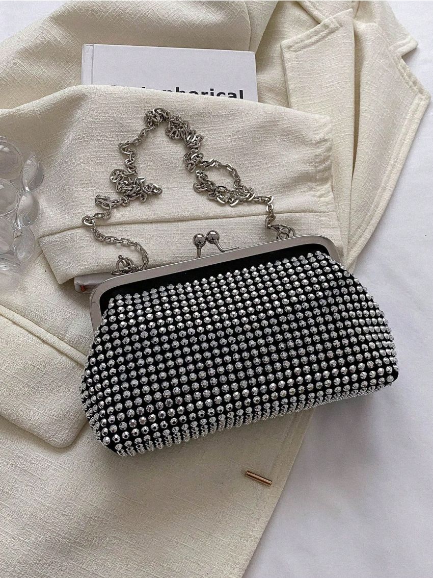 Small Square Bag Glamorous Rhinestone & Faux Pearl Decor Kiss Lock Chain PU
