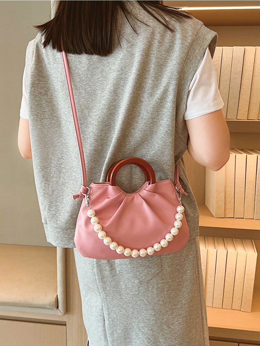 Pink Ruched Bag Fashionable Faux Pearl Decor Top Ring PU