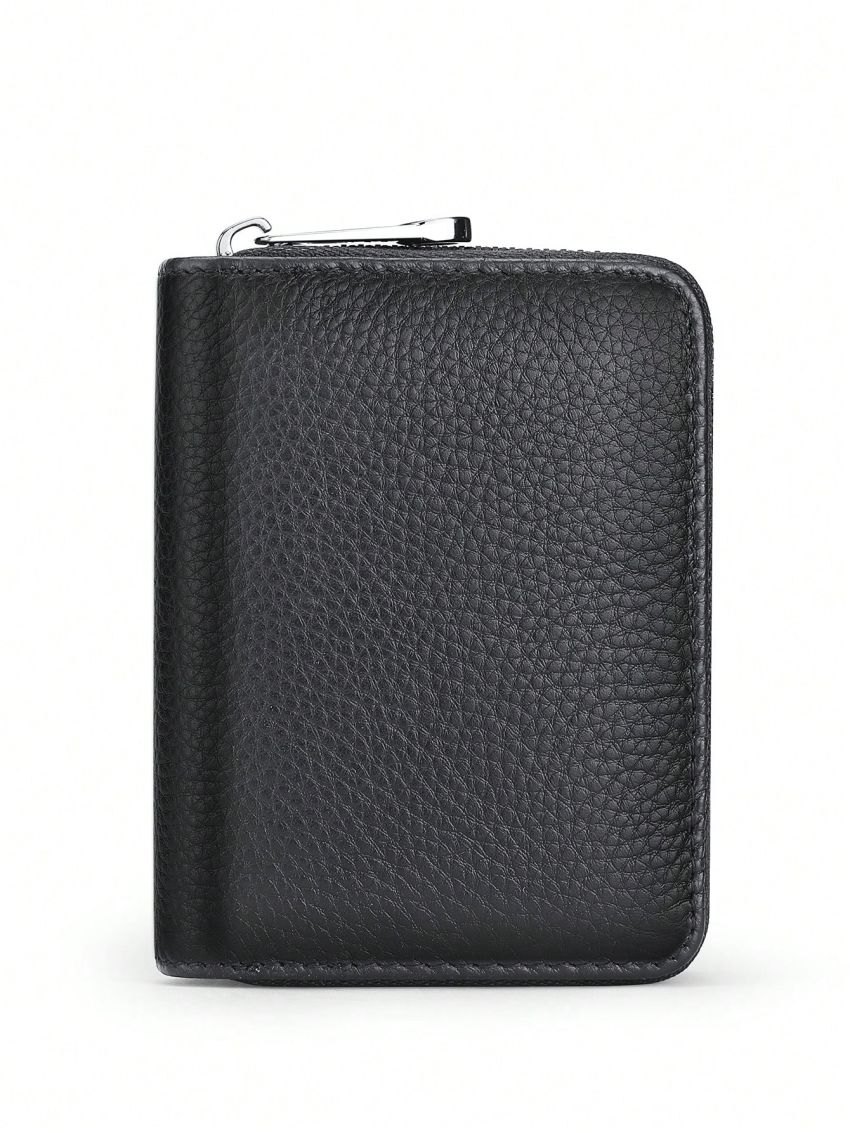 Litchi Embossed Classic Card Holder Fashionable Zipper Genuine Leather