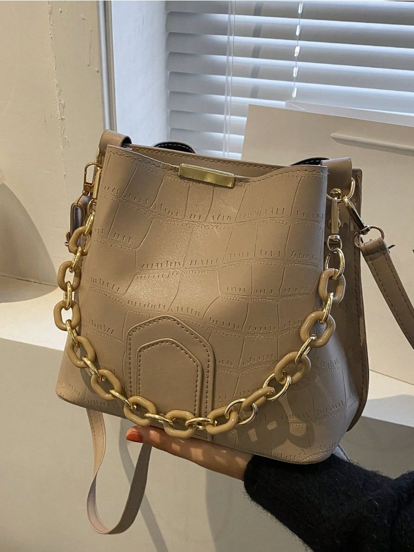 Small Bucket Bag Crocodile Embossed Chain Decor PU