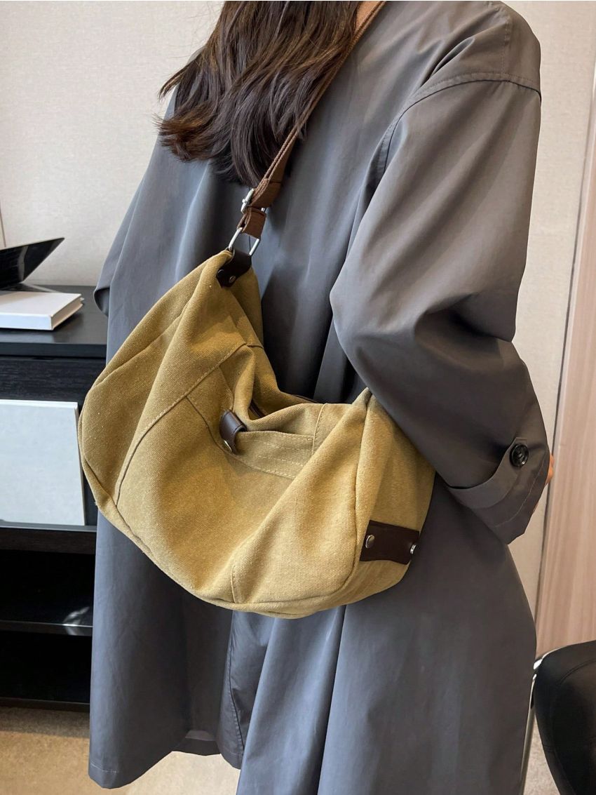 Large Hobo Bag Casual Letter Patch Decor Adjustable Strap Zipper