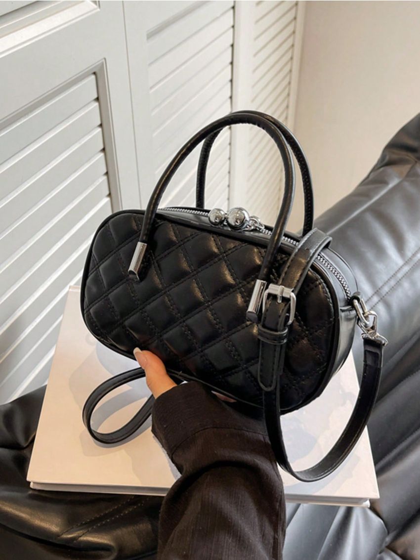 Small Square Bag Fashionable Argyle Quilted Double Handle Zipper PU