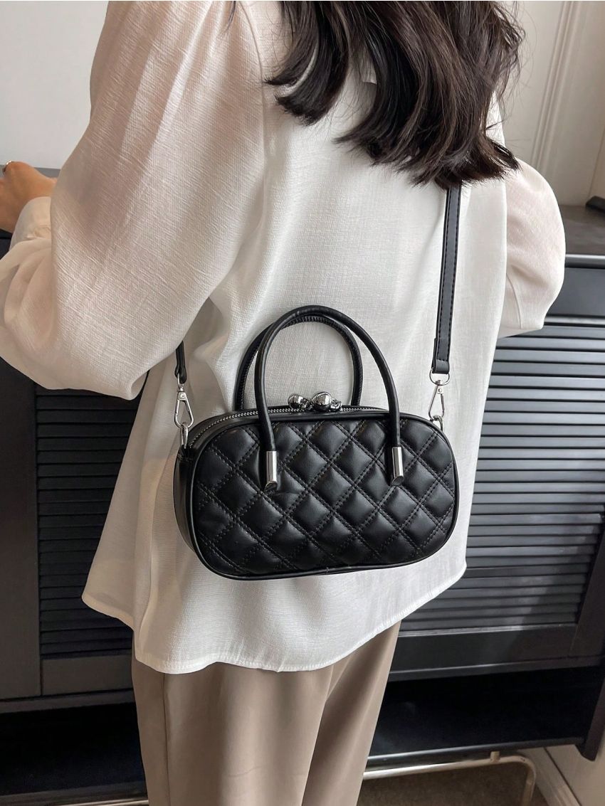 Small Square Bag Fashionable Argyle Quilted Double Handle Zipper PU