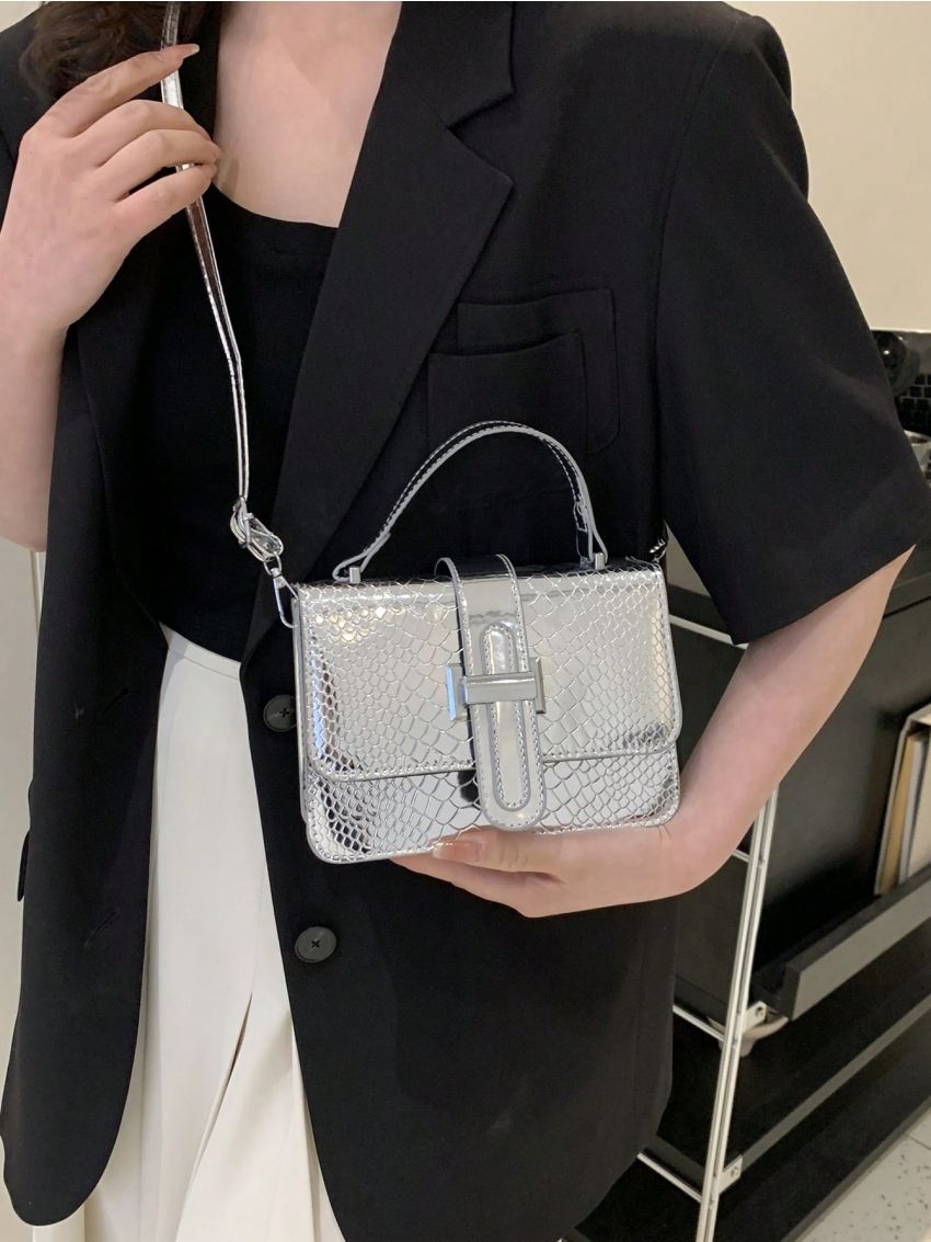 Mini Square Bag Funky Metallic Snakeskin Embossed Top Handle Flap PU