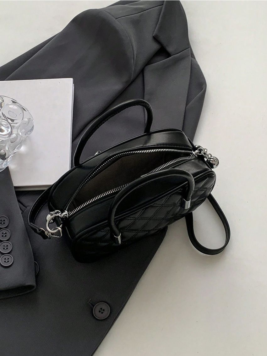 Small Square Bag Fashionable Argyle Quilted Double Handle Zipper PU