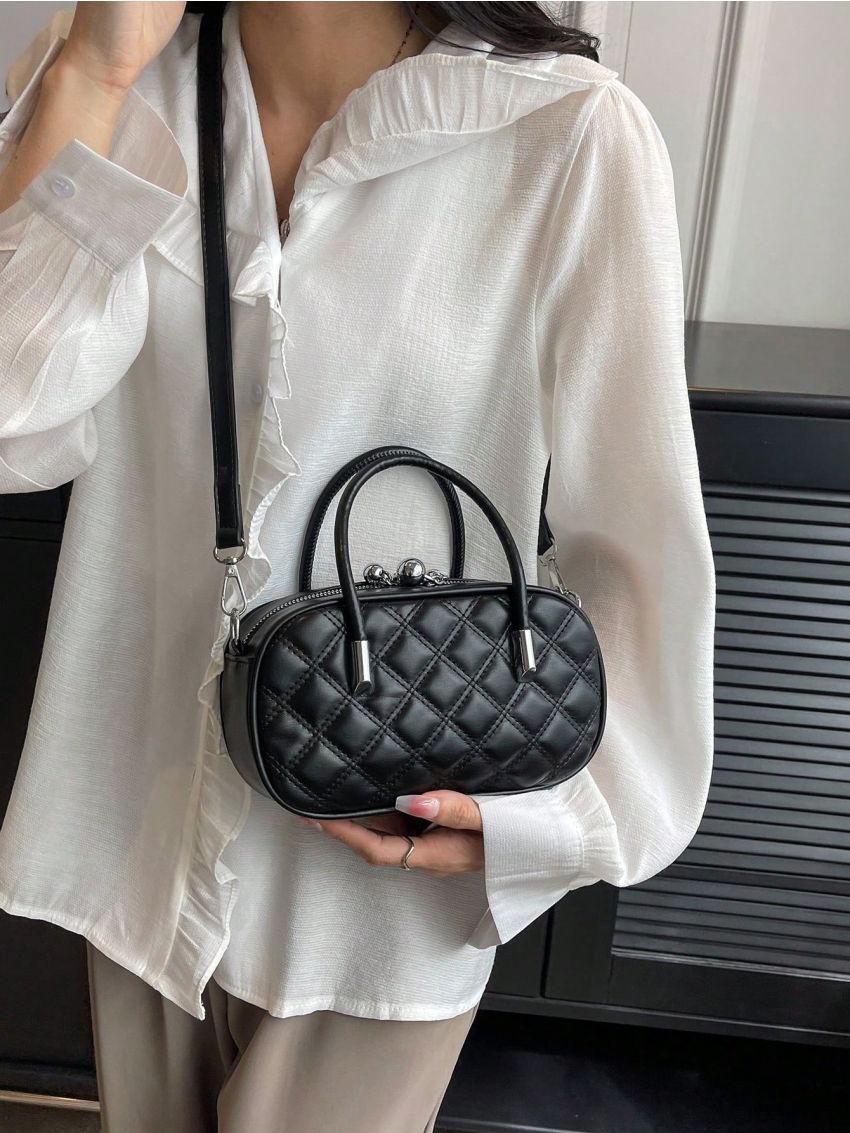 Small Square Bag Fashionable Argyle Quilted Double Handle Zipper PU