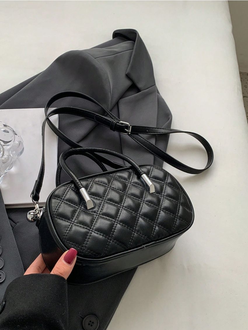 Small Square Bag Fashionable Argyle Quilted Double Handle Zipper PU