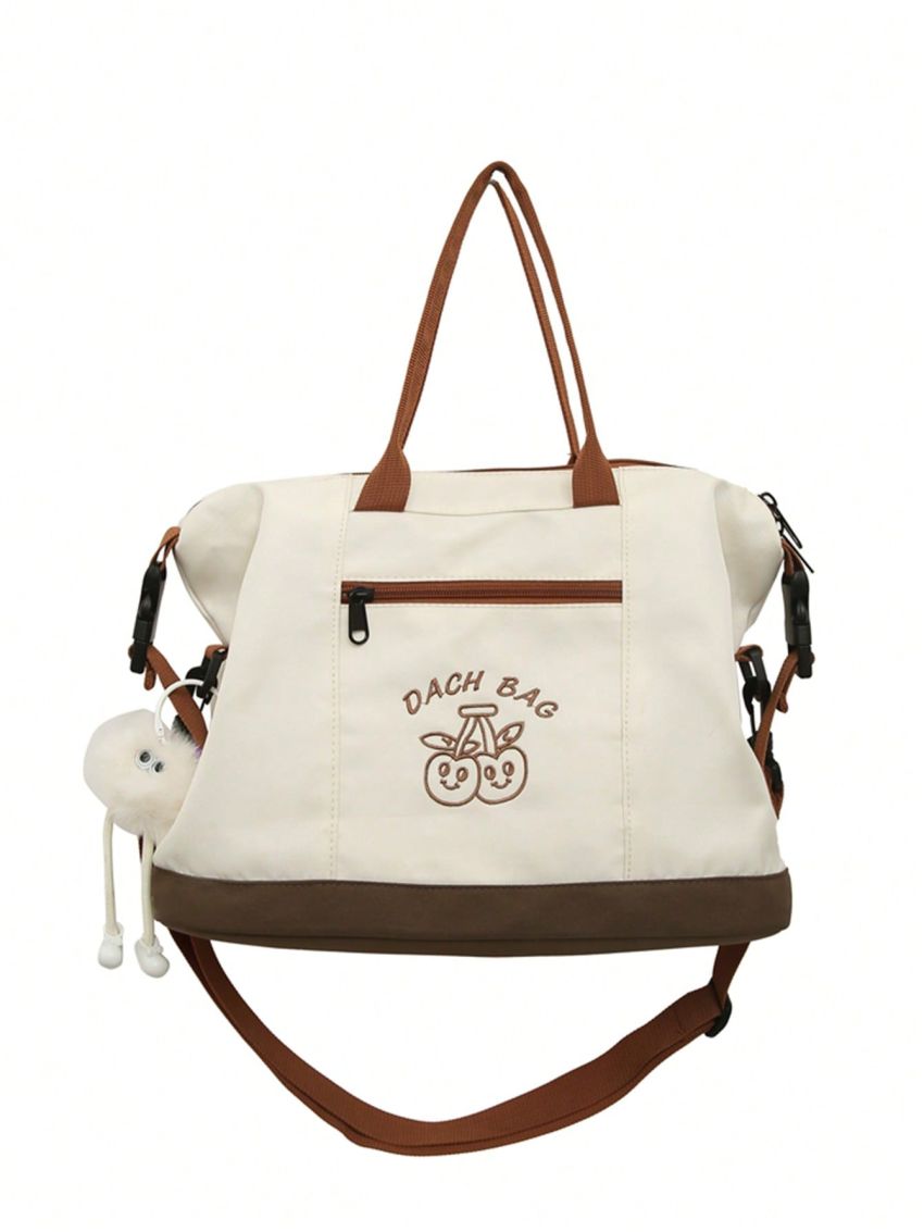 Small Shopper Bag With Pompom Charm Casual Cherry & Letter Embroidered Zipper