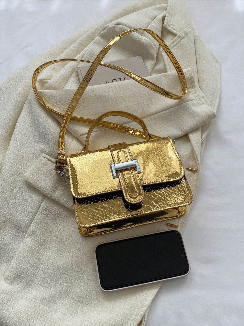 Mini Square Bag Funky Metallic Snakeskin Embossed Top Handle Flap PU