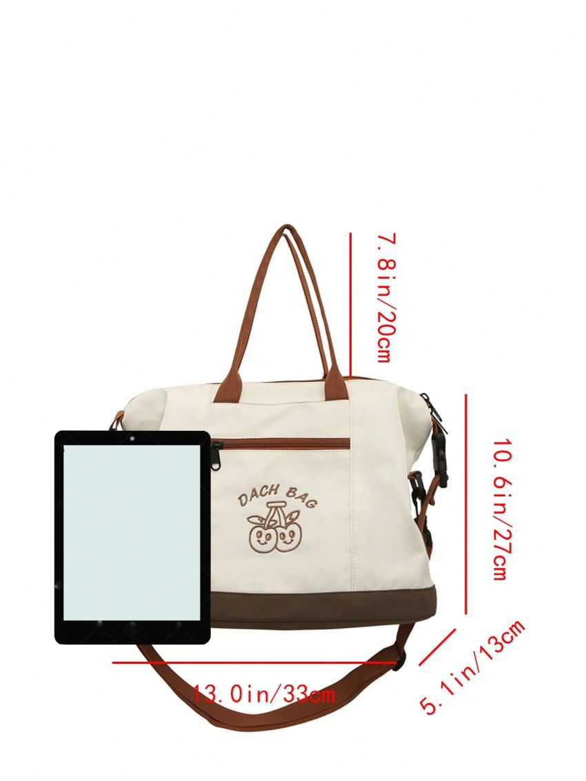 Small Shopper Bag With Pompom Charm Casual Cherry & Letter Embroidered Zipper