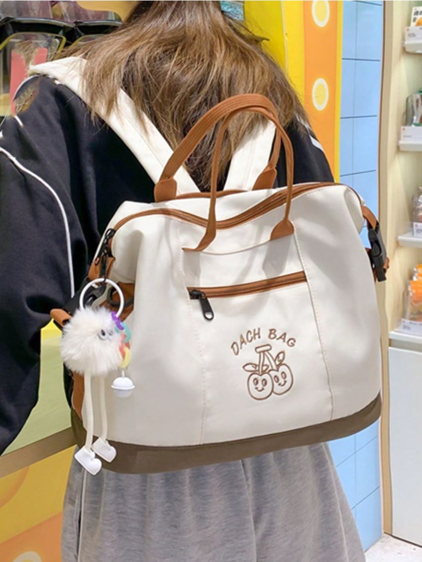 Small Shopper Bag With Pompom Charm Casual Cherry & Letter Embroidered Zipper