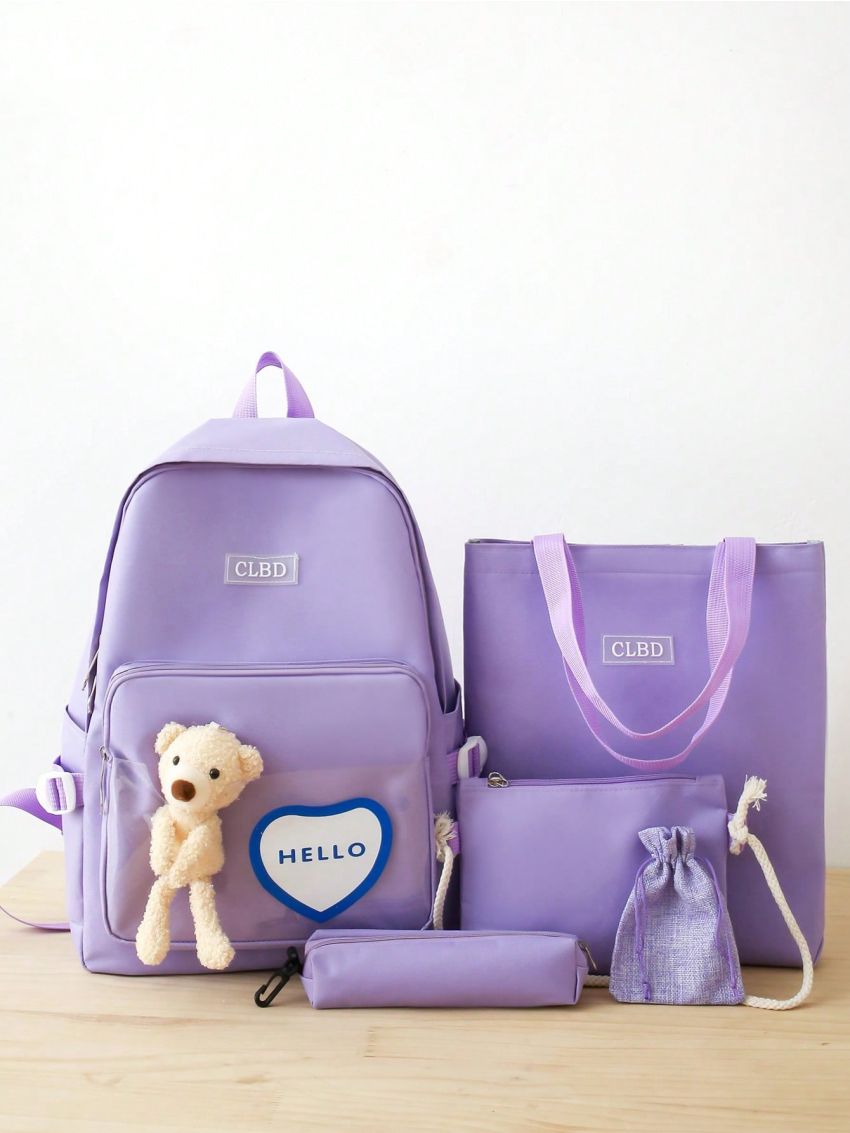 5pcs Bag Set Classic Backpack Shopper Square Bucket Pencil Bag Preppy Cartoon Bear & Letter Patch Decor For School