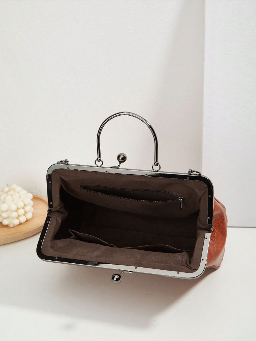 Brown Square Bag Textured Top Handle Adjustable Strap PU, Mothers Day Gift For Mom