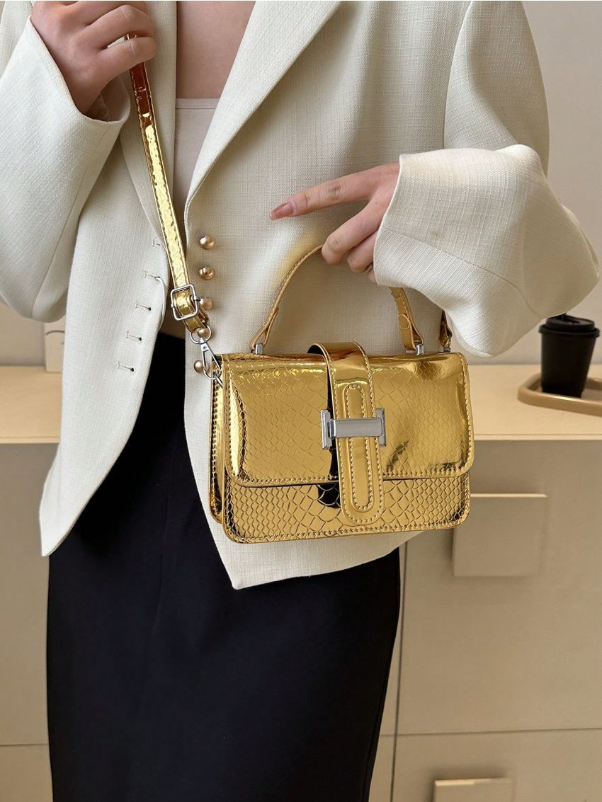 Mini Square Bag Funky Metallic Snakeskin Embossed Top Handle Flap PU