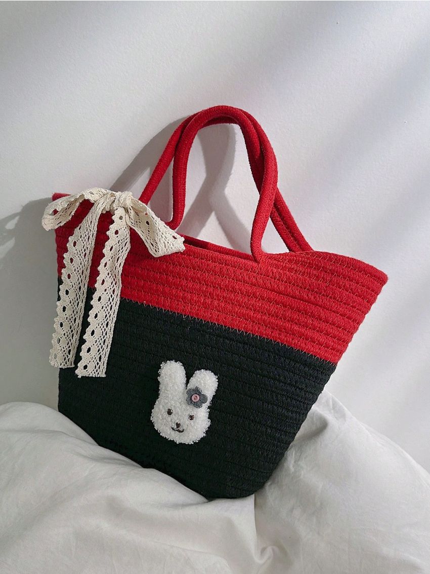 Color Block Straw Bag Rabbit & Bow Decor