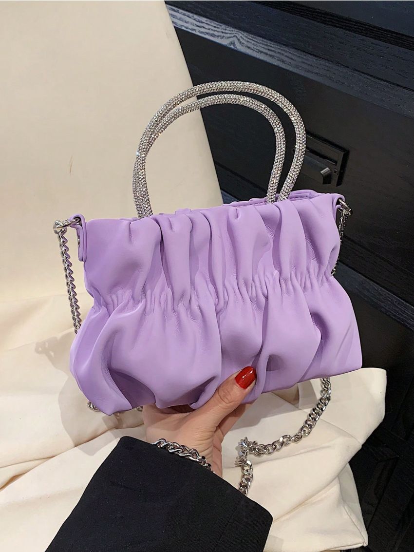 Rhinestone Decor Ruched Bag PU Purple