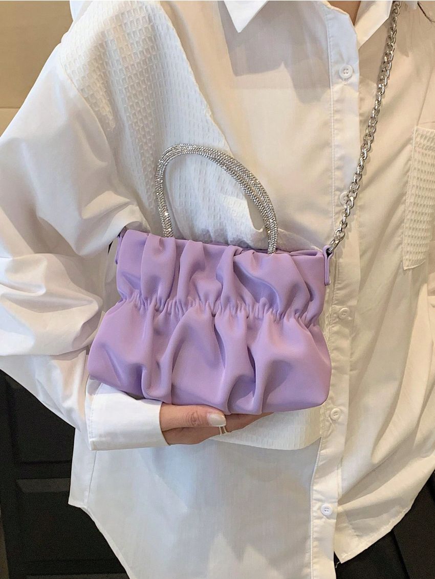 Rhinestone Decor Ruched Bag PU Purple