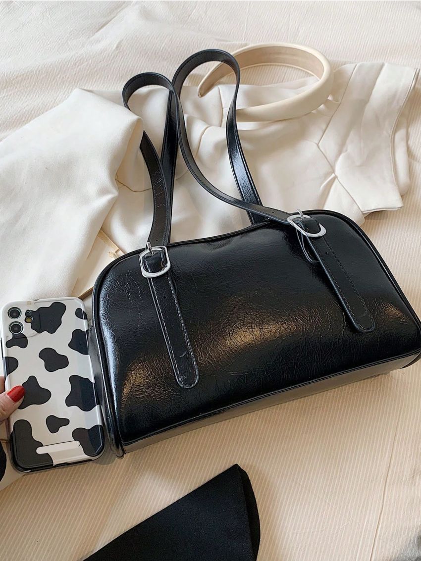 Buckle Decor Baguette Bag PU Black