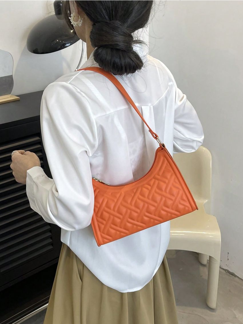 Embossed Detail Baguette Bag PU Neon Orange
