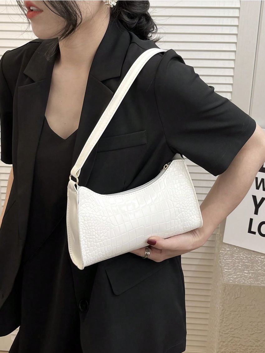 Crocodile Embossed Baguette Bag PU Pink