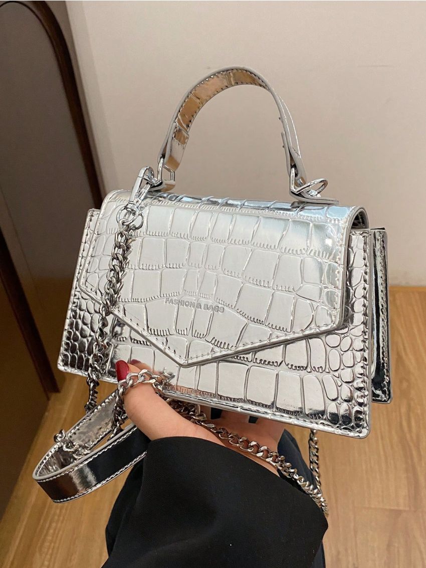 Mini Square Bag Crocodile Embossed Metallic PU Funky