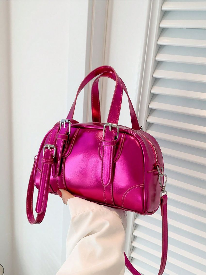 Buckle Decor Dome Bag Metallic PU Funky