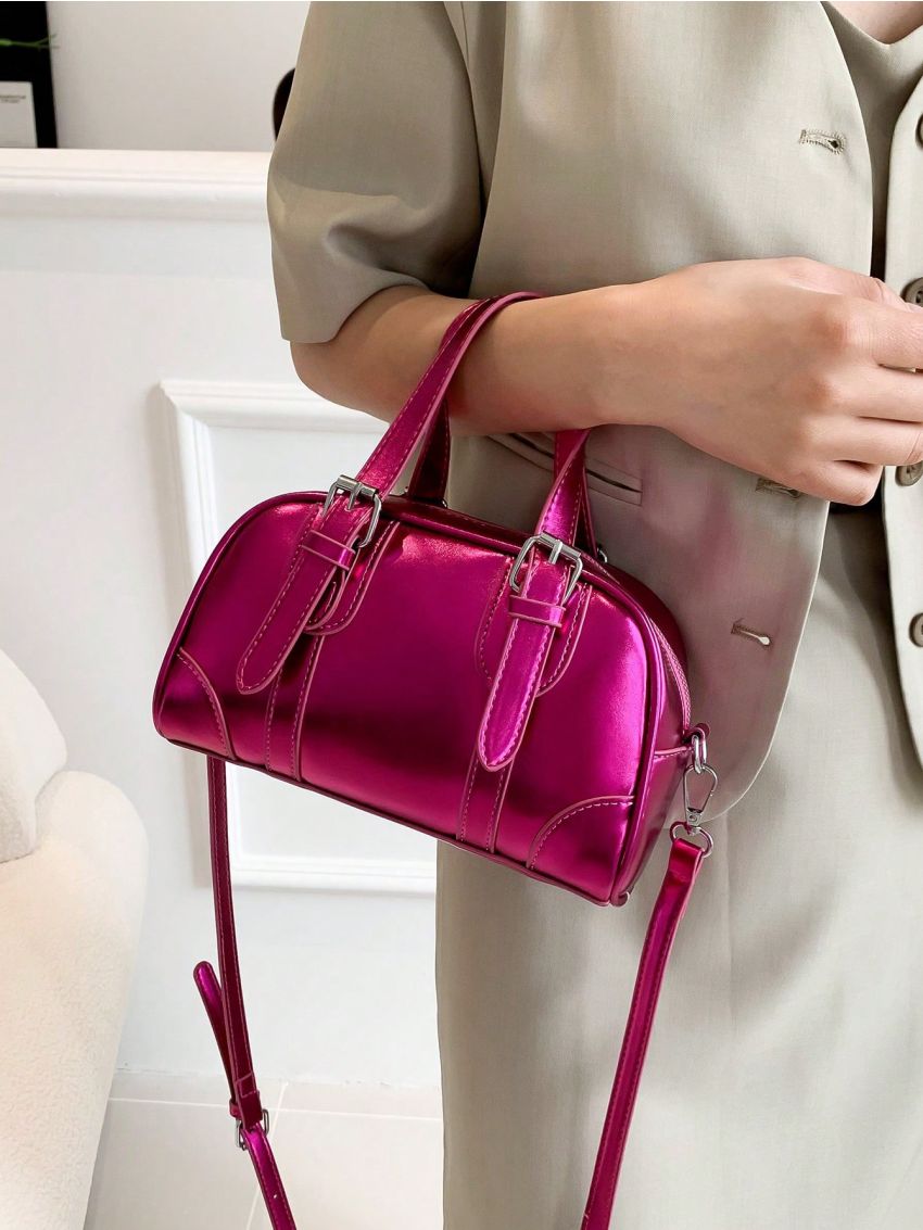 Buckle Decor Dome Bag Metallic PU Funky