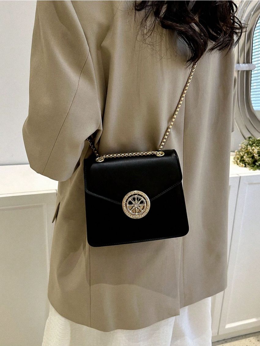 Mini Square Bag Rhinestone Decor Flap PU Black