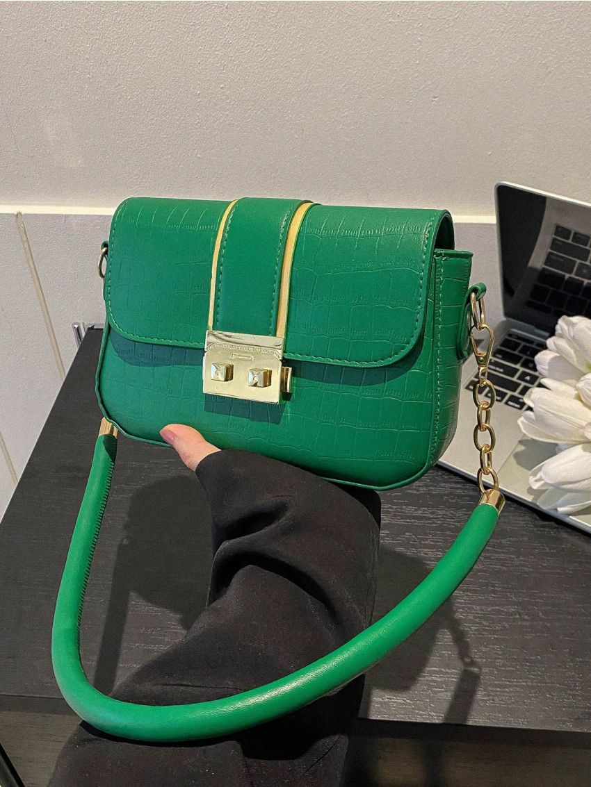 PU Square Bag Crocodile Embossed Metal Decor