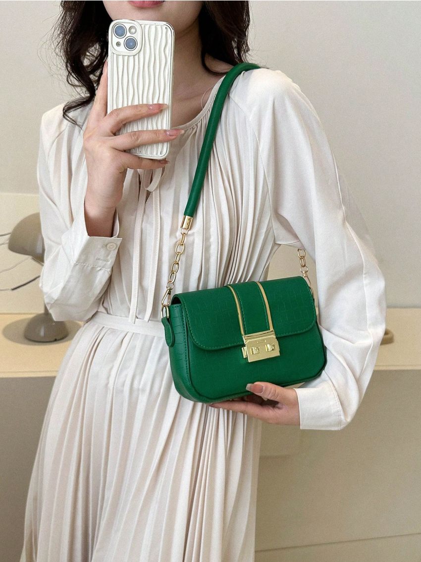 PU Square Bag Crocodile Embossed Metal Decor