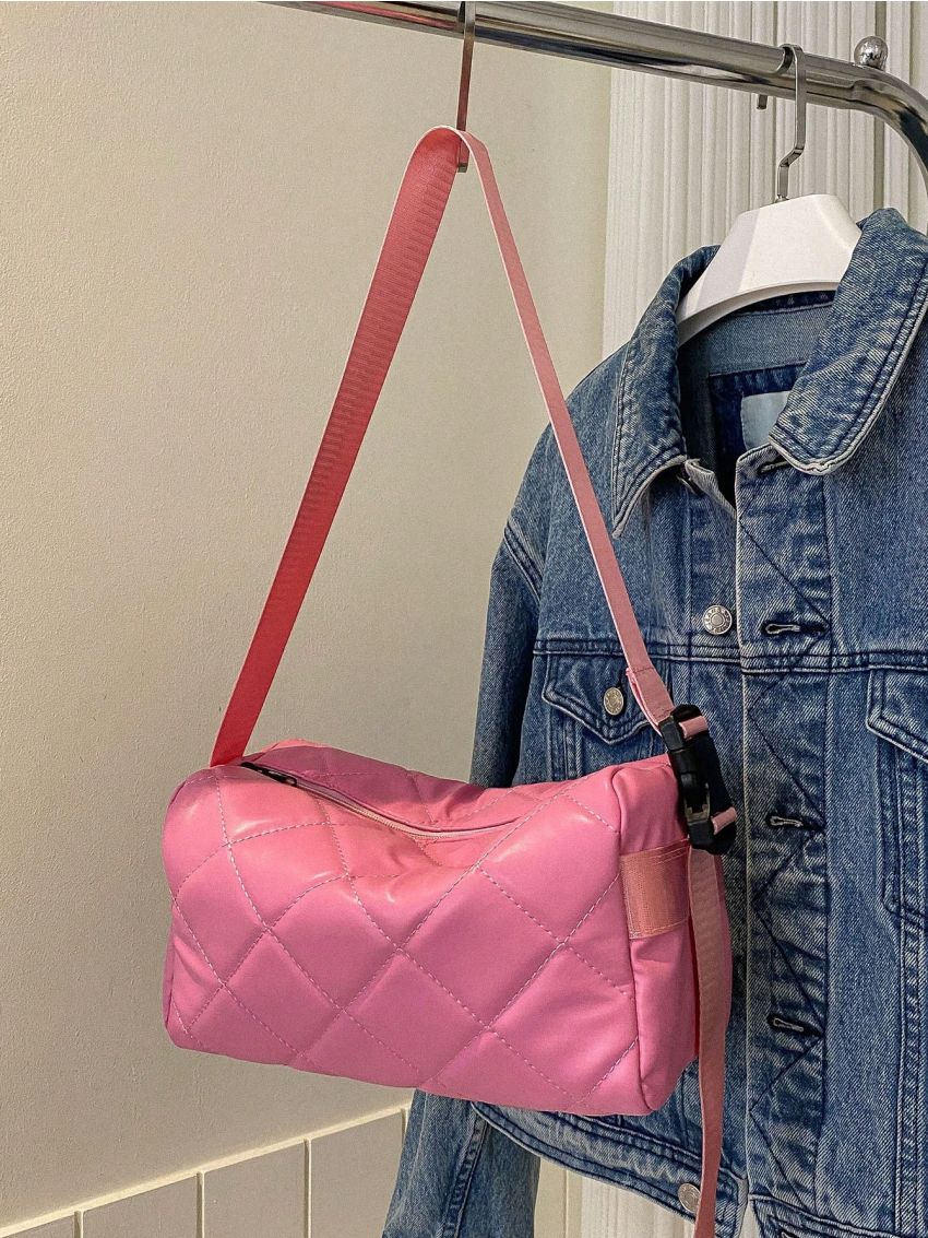Pink Bucket Bag Quilted Detail Zipper PU