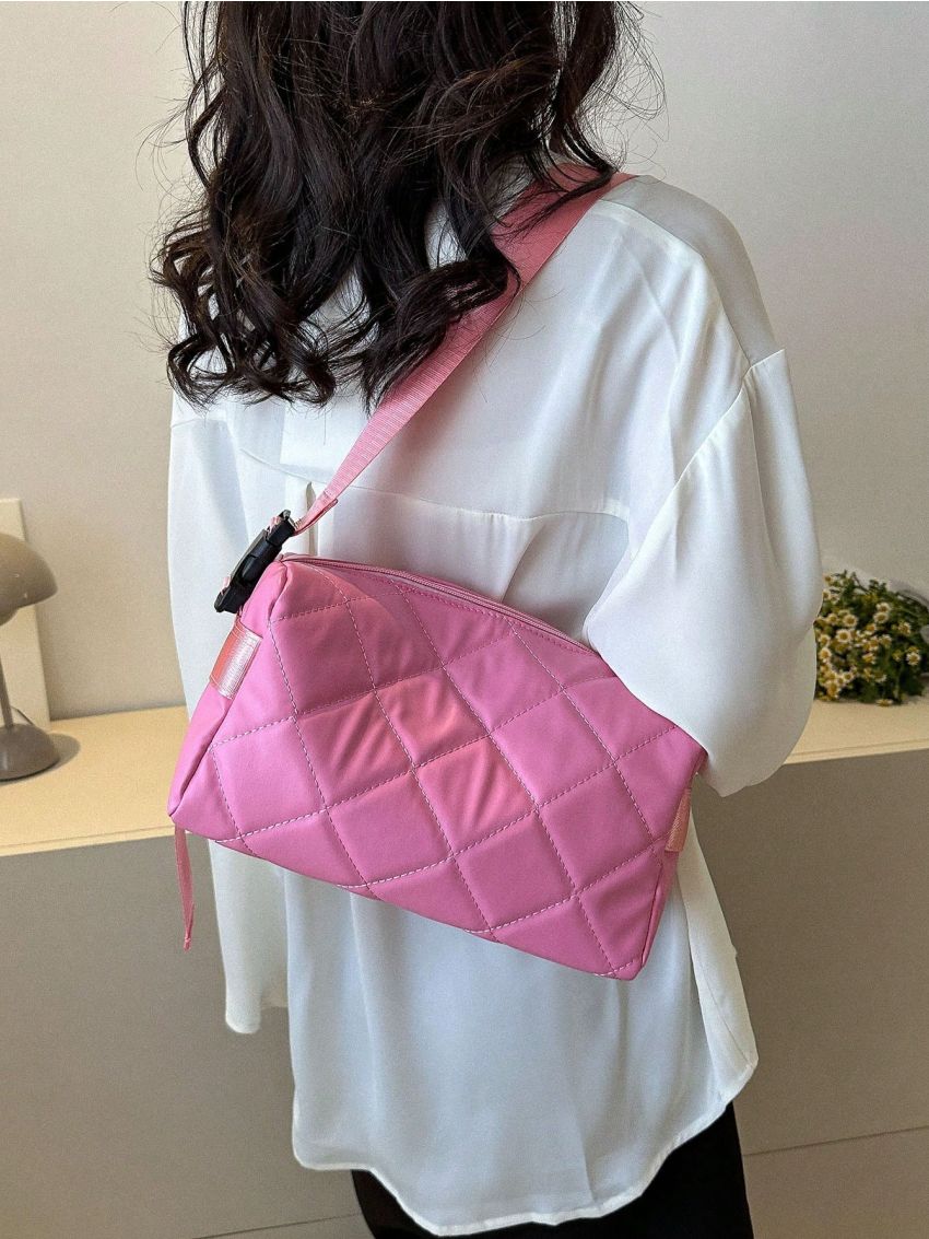 Pink Bucket Bag Quilted Detail Zipper PU