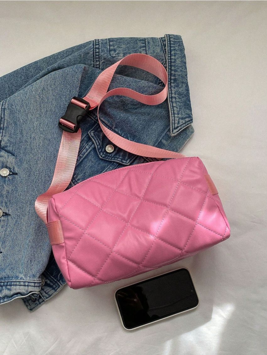 Pink Bucket Bag Quilted Detail Zipper PU