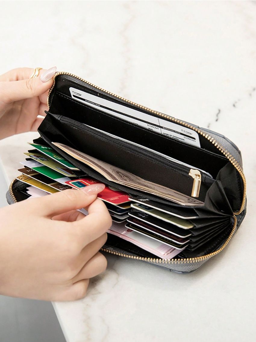 Women Long Wallet Geometric Embossed Zipper Around