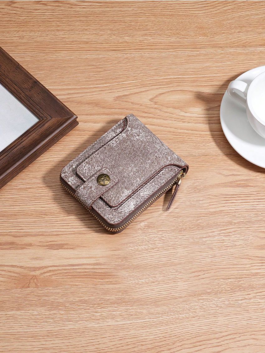 Trifold Small Wallet Snap Button Detail PU