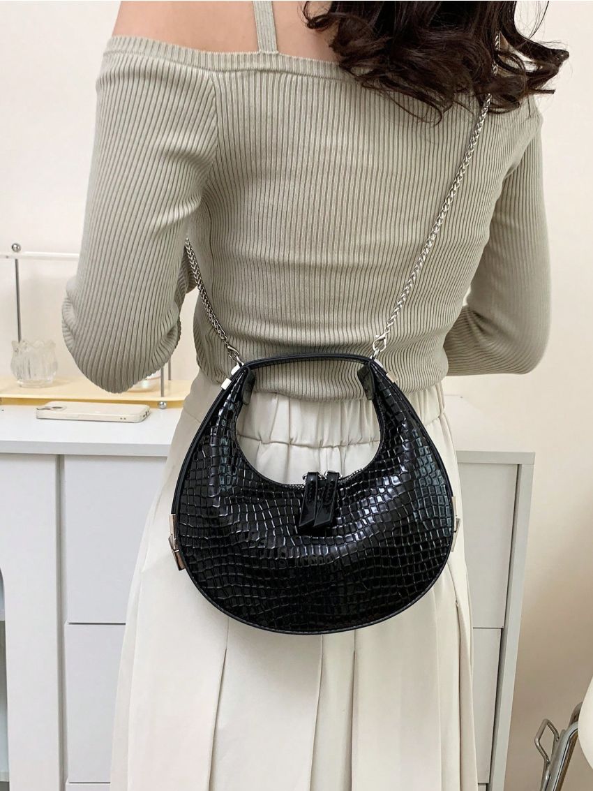 Mini Hobo Bag Crocodile Embossed PU Black