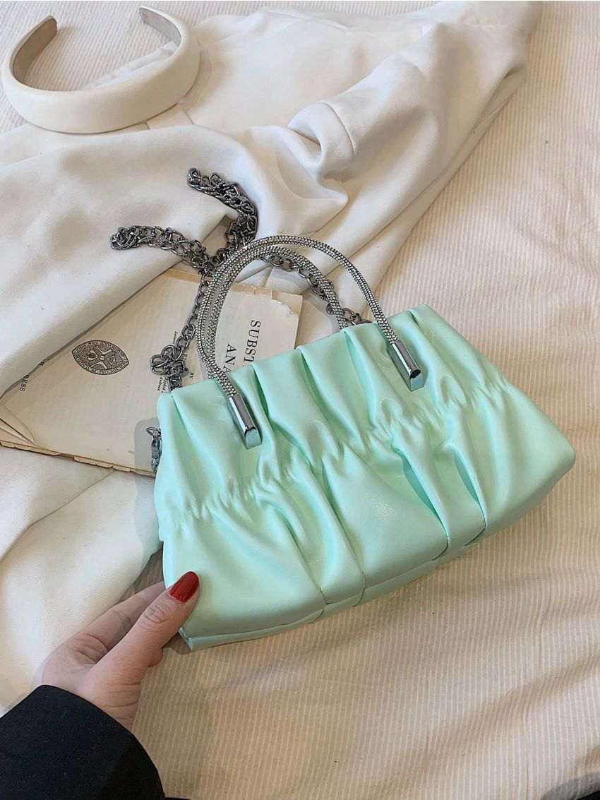 Small Ruched Bag Rhinestone Decor PU Chain Green