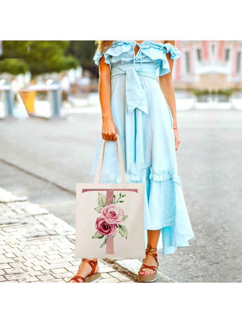Floral Initial Tote Bag w 2 Pockets Monogram Alphabet Tote Bag Canvas Tote Bag for Teacher Reusable Shopping Bag for Book Grocery Personalized Bridesmaid Gift Bag for Wedding Party Letter T