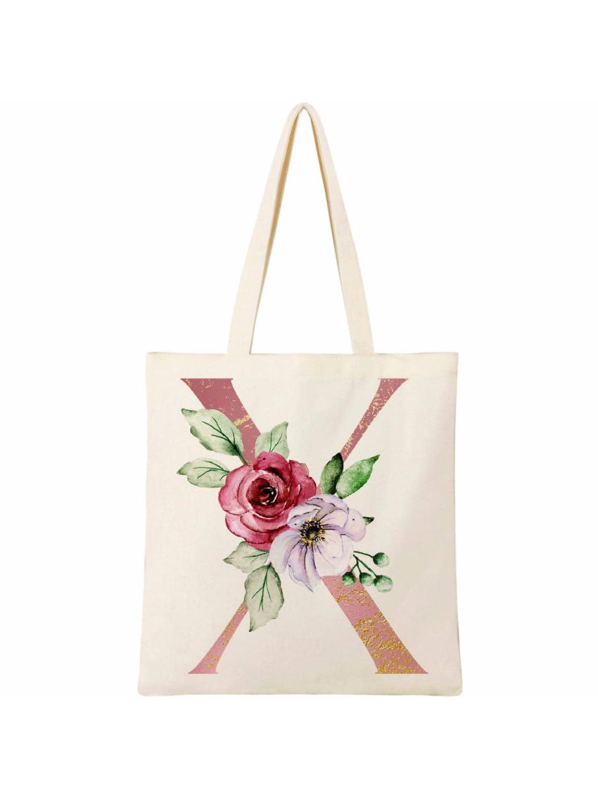 Floral Initial Tote Bag w 2 Pockets Monogram Alphabet Tote Bag Canvas Tote Bag for Teacher Reusable Shopping Bag for Book Grocery Personalized Bridesmaid Gift Bag for Wedding Party Letter X