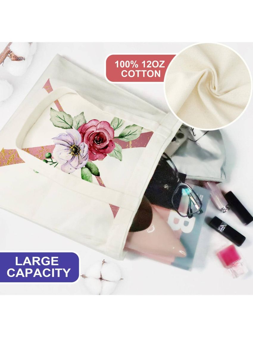 Floral Initial Tote Bag w 2 Pockets Monogram Alphabet Tote Bag Canvas Tote Bag for Teacher Reusable Shopping Bag for Book Grocery Personalized Bridesmaid Gift Bag for Wedding Party Letter X